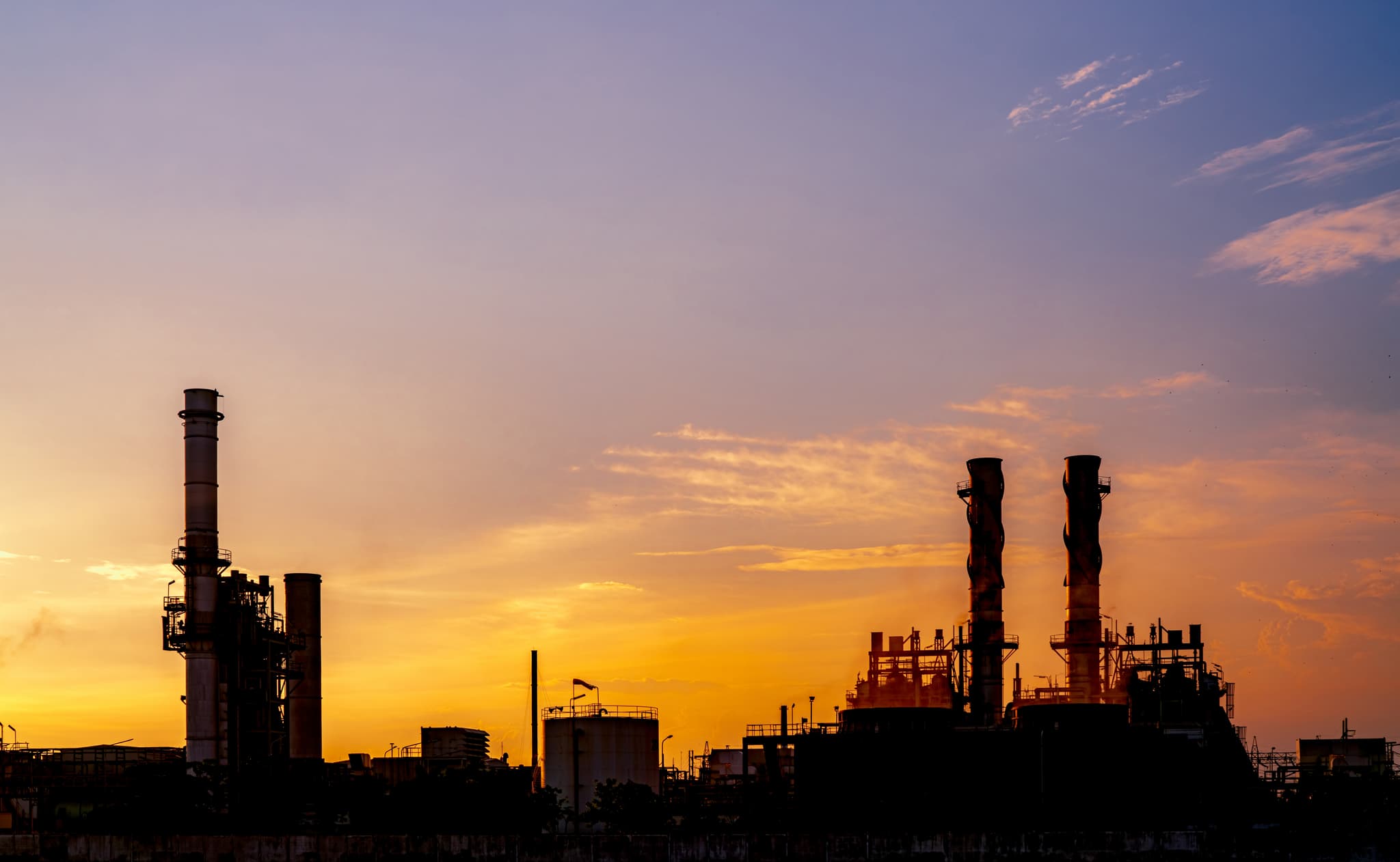 Gas turbine electrical power plant at sunset